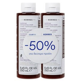 Korres Promo (50% στο Δεύτερο Προϊόν) Σαμπουάν για Ξηρά & Αφυδατωμένα Μαλλιά με Αμύγδαλο & Λινάρι, 2x250ml