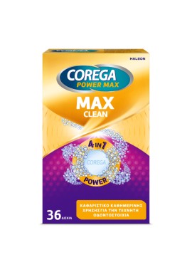 Corega Power Max Clean 4in7 Καθαριστικά Δισκία για Τεχνητές Οδοντοστοιχίες με Περισσότερο Ενεργό Οξυγόνο, 36tabs