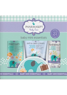 Pharmasept Baby Care Mini Essentials Σετ Περιποίησης Βρέφους με Baby Care Mild Bath Απαλό Βρεφικό Αφρόλουτρο για Σώμα & Μαλλιά, 100ml, Extra Calm Cream Αδιάβροχη Κρέμα Αλλαγής Πάνας, 40ml & Hydrating Milk Ενυδατικό Γαλάκτωμα για Σώμα & Πρόσωπο, 40ml, 1σετ