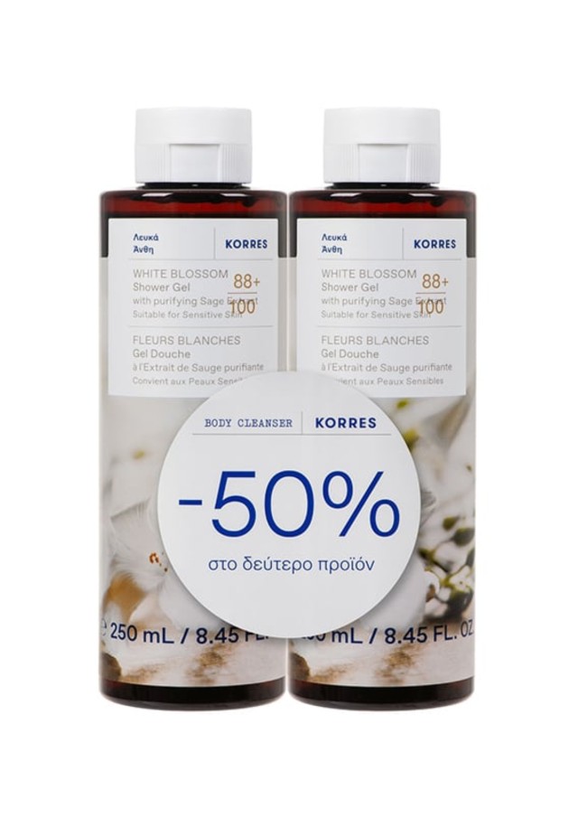 Korres Promo (-50% στο 2ο Προϊόν) Αφρόλουτρο White Blossom, 2x250ml, 1σετ