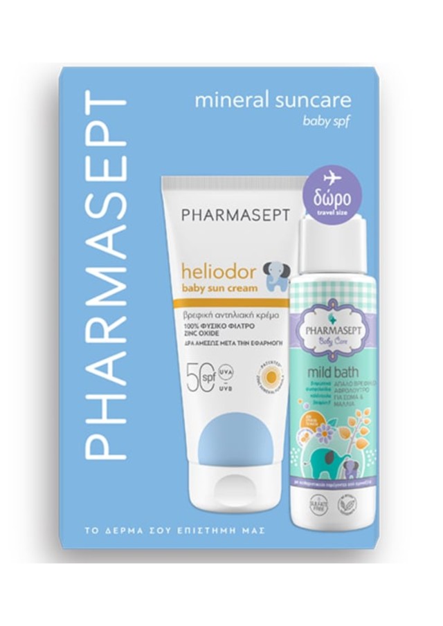 Pharmasept Promo Mineral Suncare Baby Heliodor Sun Cream Βρεφικό Αντηλιακό SPF50, 100ml & Δώρο Travel Size Baby Care Mild Bath Απαλό Βρεφικό Αφρόλουτρο για Σώµα & Μαλλιά, 100ml, 1σετ