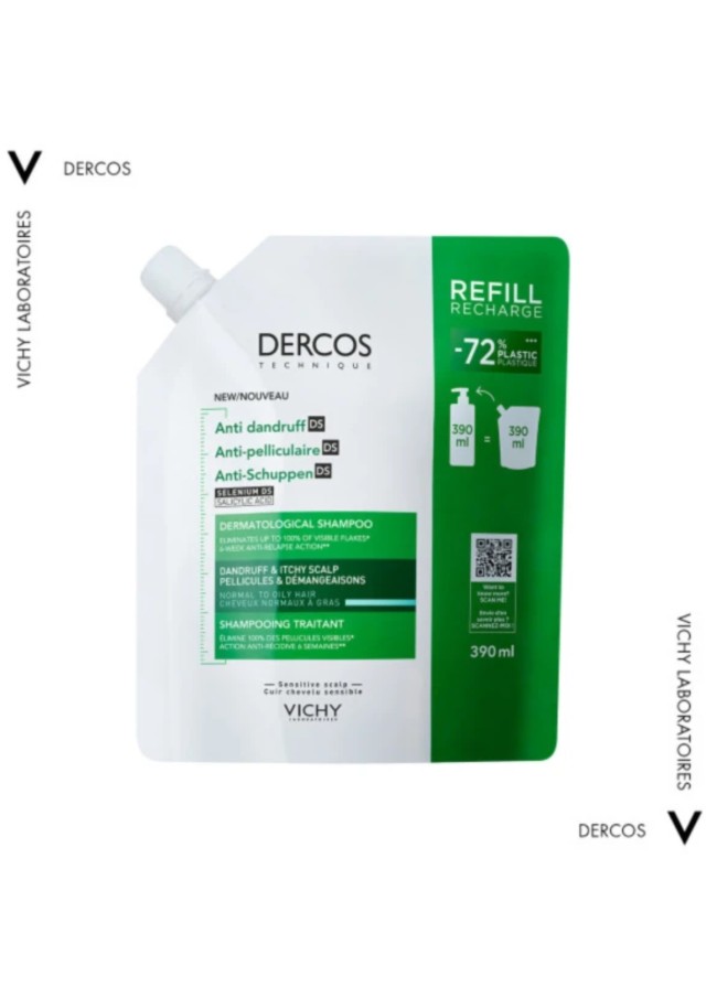 Vichy Dercos Anti-Dandruff DS Σαμπουάν κατά της πιτυρίδας για Κανονικά & Λιπαρά μαλλιά, Refill 390ml