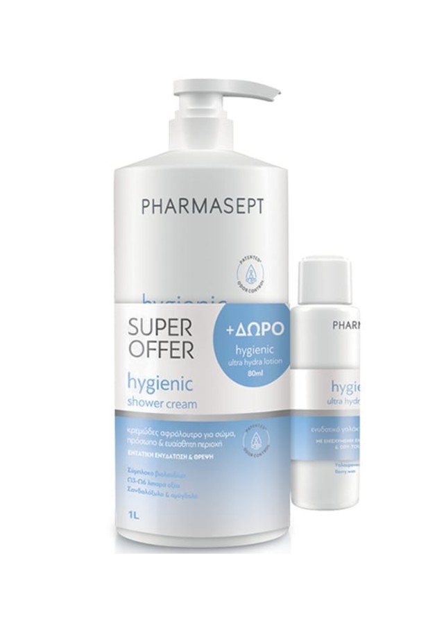 Pharmasept Hygienic Promo με Shower Cream Αφρόλουτρο για Σώμα, Πρόσωπο & Ευαίσθητη Περιοχή, 1l & Ultra Hydra Eνυδατικό Γαλάκτωμα, 80ml, 1σετ