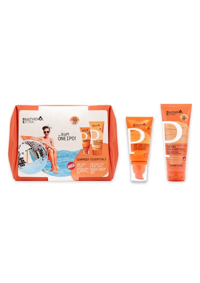 Panthenol Extra Promo Sunproof Essentials με Sun Care Color SPF 50 Αντηλιακή Κρέμα-Gel Προσώπου με Χρώμα, 50ml, Sun Care Face & Body Milk SPF 50 Αντηλιακό Γαλάκτωμα για Πρόσωπο & Σώμα, 100ml & Δώρο Νεσεσέρ, 1τεμ, 1σετ