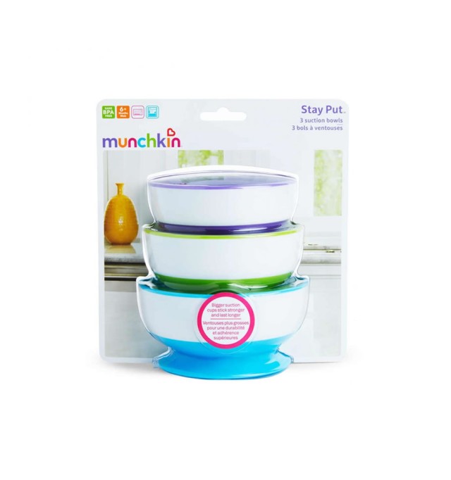 Munchkin 3 Stay Put Suction Bowls 6m+ (Πολύχρωμα Μπολ Φαγητού με Βεντούζα) 3τμχ