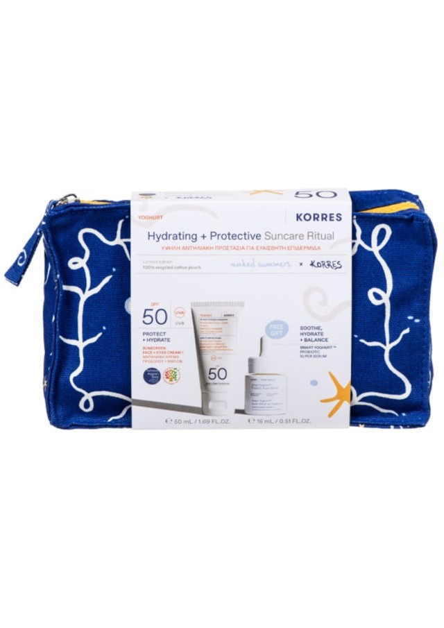 Korres Promo Hydrating & Protective Suncare Ritual Υψηλή Αντηλιακή Προστασία με Yoghurt Αντηλιακή Κρέμα Προσώπου & Ματιών SPF50, 50ml, Smart Yoghurt Probiotic Super Serum Ορός με Προβιοτικά, 15ml & Δώρο Naked Summers x Korres Νεσεσέρ, 1τεμ, 1σετ