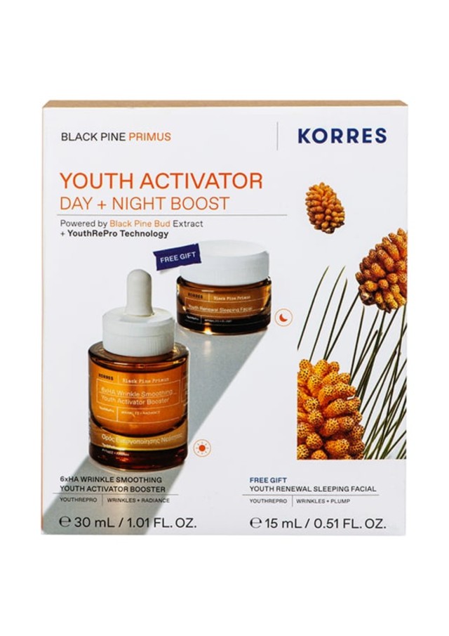 Korres Promo Black Pine Primus 6xHA Wrinkle Smoothing Youth Activator Booster Ορός Ενεργοποίησης Νεότητας, 30ml & Δώρο Youth Renewal Sleeping Κρέμα Νεότητας Νύχτας, 15ml, 1σετ