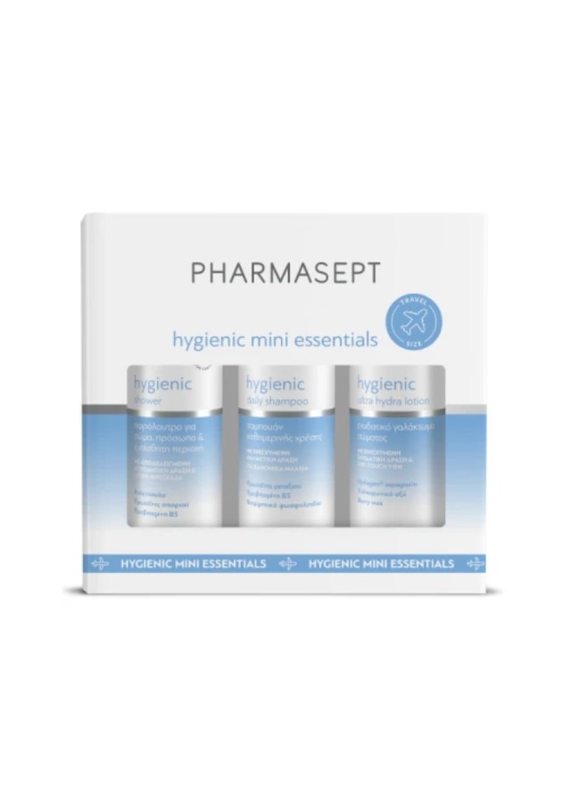 Pharmasept Hygienic Mini Essentials Σετ Περιποίησης με Hygienic Daily Shampoo Σαμπουάν, 100ml, Hygienic Shower Αφρόλουτρο, 100ml & Hygienic Ultra Hydra Lotion Λοσιόν Σώματος, 80ml, 1σετ