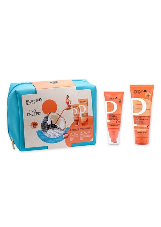 Panthenol Extra Promo Sunproof Essentials με Sun Care Diaphanous SPF 50 Αντηλιακό Gel Προσώπου, 50ml, Sun Care Face & Body Milk SPF 50 Αντηλιακό Γαλάκτωμα για Πρόσωπο & Σώμα, 100ml & Δώρο Νεσεσέρ, 1τεμ, 1σετ