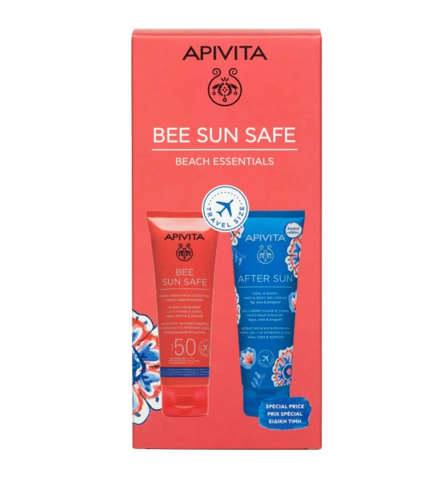 Apivita Bee Sun Safe Beach Essentials Promo Bee Sun Safe Ενυδατικό Αναζωογονητικό Γαλάκτωμα για Πρόσωπο & Σώμα SPF50, 100ml & After Sun Δροσιστική & Καταπραϋντική Κρέμα-Gel για Πρόσωπο & Σώμα, 100ml, 1σετ
