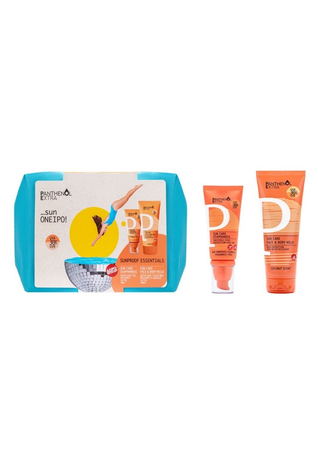 Panthenol Extra Promo Sunproof Essentials με Sun Care Diaphanous SPF 30 Αντηλιακό Gel Προσώπου, 50ml, Sun Care Face & Body Milk SPF 30 Αντηλιακό Γαλάκτωμα για Πρόσωπο & Σώμα, 100ml & Δώρο Νεσεσέρ, 1τεμ, 1σετ