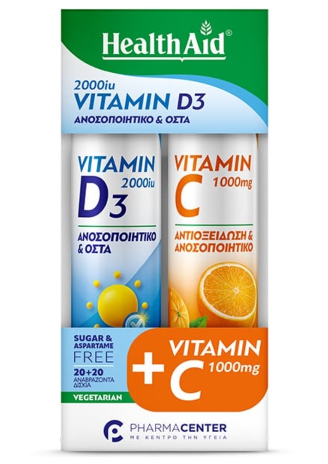 Health Aid Combo Pack Vitamin D3 2000iu, 20tabs & Vitamin C1000mg, 20tabs, 1σετ