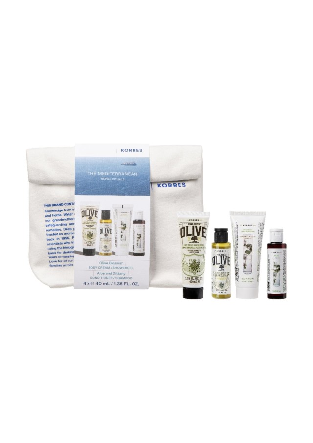 Korres Promo Travel Size The Mediterranean Pure Greek Olive Blossom Αφρόλουτρο, 40ml, Body Milk Olive Blossom Κρέμα Σώματος, 40ml, Σαμπουάν για Κανονικά Μαλλιά με Αλόη & Δίκταμο, 40ml, Μαλακτική Κρέμα Αλοή & Δίκταμο, 40ml & Δώρο Νεσεσέρ, 1τεμ, 1σετ