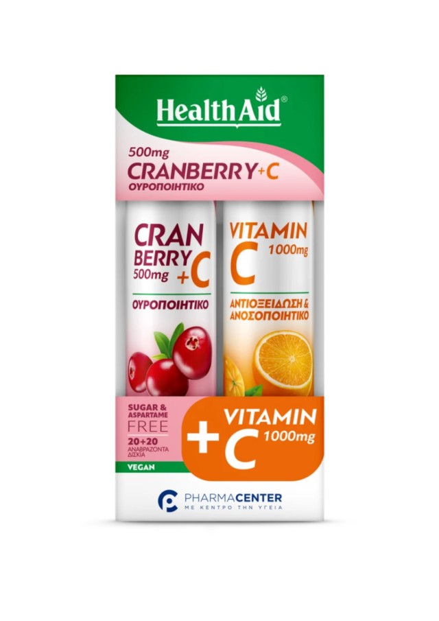 Health Aid Promo Pack Cranberry 500mg + Vitamin C, 20tabs & Vitamin C 1000mg, 20tabs