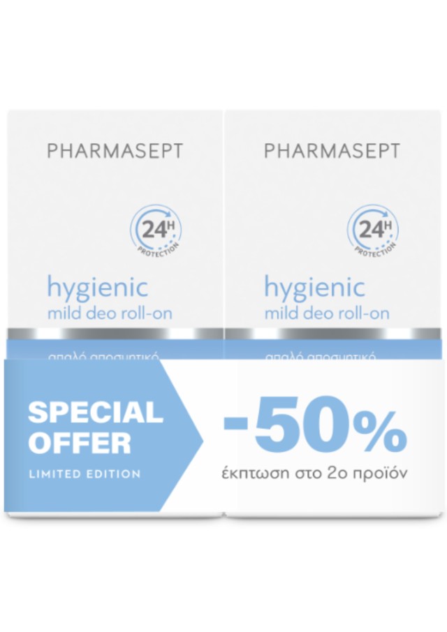 Pharmasept Promo (-50% στο 2ο προϊόν) Hygienic Mild Deo Roll-on 24h Απαλό Αποσμητικό για Ευαίσθητες Επιδερμίδες, 2x50ml