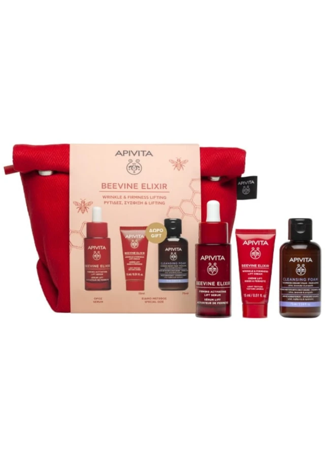 Apivita Promo Beevine Elixir με Beevine Elixir Serum Ορός Προσώπου για Σύσφιξη & κατά των Ρυτίδων, 30ml & Δώρο Κρέμα Προσώπου Σύσφιξης & κατά των Ρυτίδων, 15ml, Αφρό Καθαρισμού, 75ml & Nεσεσέρ, 1τεμ, 1σετ