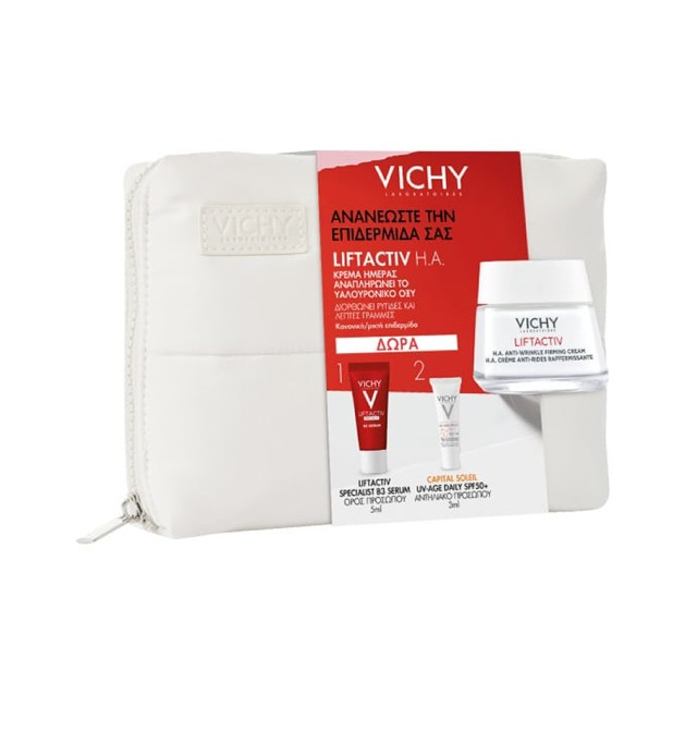 Vichy Promo Liftactiv H.A Anti-Wrinkle Firming Cream 50ml & Free Liftactiv Specialist B3 Serum 5ml, Capital Soleil UV-Age Daily SPF50+ 3ml & Toiletry Bag, 1set