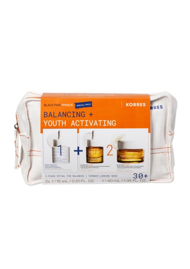 Korres Promo Pack με Smart Yoghurt Super Serum με Προβιοτικά, 15ml, Black Pine Primus 6xHA Wrinkle Smoothing Youth Activator Booster Ορός Ενεργοποίησης Νεότητας, 15ml, Wrinkle Defying Day Cream Κρέμα Νεότητας Ημέρας, 40ml & Δώρο Νεσεσέρ, 1τεμ, 1σετ