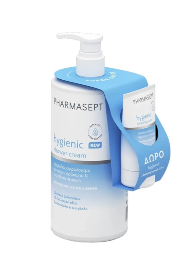 Pharmasept Promo Hygienic Shower Cream Κρεμώδες Αφρόλουτρο για Ενυδάτωση & Θρέψη, 1000ml & Δώρο Hygienic Cleansing Scrub Απαλό Scrub για Πρόσωπο & Σώμα, 40ml, 1σετ