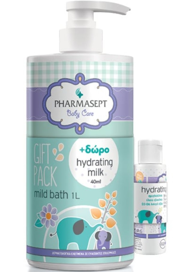 Pharmasept Πακέτο Προσφοράς με Baby Care Mild Bath Απαλό Βρεφικό Αφρόλουτρο, 1lt & Δώρο Baby Care Hydrating Milk Ενυδατικό Γαλάκτωμα, 40ml, 1σετ