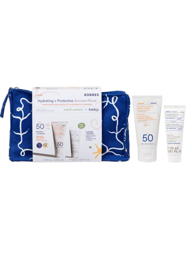 Korres Promo Hydrating & Protective Suncare Ritual Υψηλή Αντηλιακή Προστασία με Yoghurt Αντηλιακή Κρέμα Προσώπου SPF50, 50ml, Greek Yoghurt Αφρώδης Κρέμα Καθαρισμού με Προβιοτικά, 20ml & Δώρο Naked Summers x Korres Νεσεσέρ, 1τεμ, 1σετ