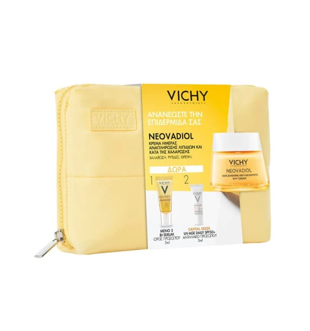 Vichy Promo Neovadiol Replenishing Anti-Sagginess Day Cream 50ml & Free Neovadiol Meno 5 Bi-Serum 5ml, Capital Soleil UV-Age Daily SPF50+ 3ml & Toiletry Bag, 1set
