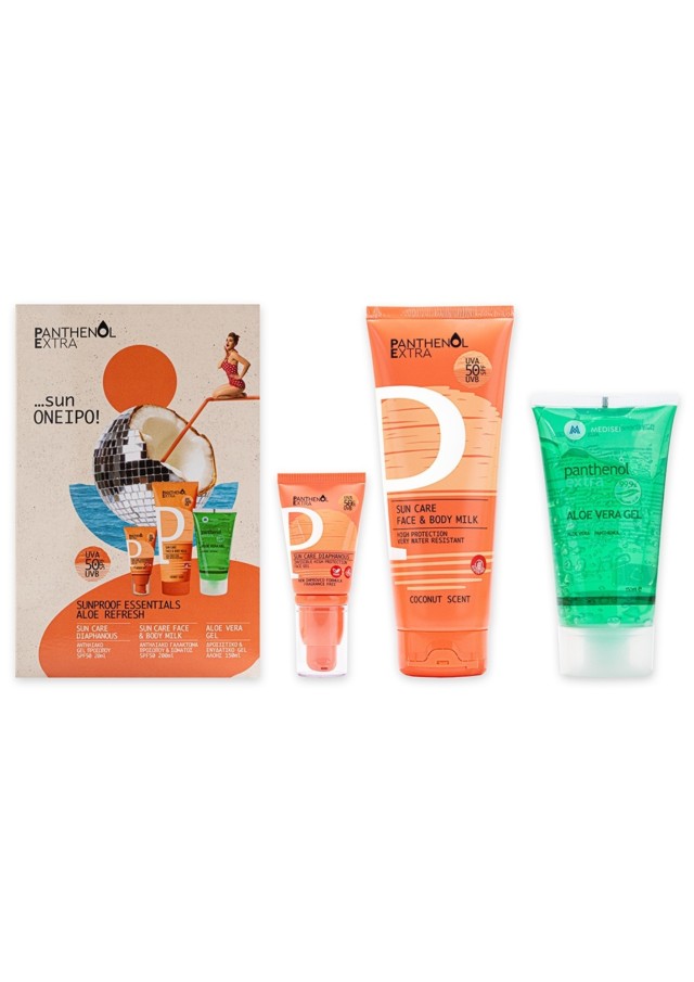 Panthenol Extra Promo Sunproof Essentials Aloe Refresh με Sun Care Diaphanous SPF 50 Αντηλιακό Gel Προσώπου, 20ml, Face & Body Milk SPF 50 Αντηλιακό Γαλάκτωμα Προσώπου & Σώματος, 200ml & Aloe Vera Gel Ενυδατικό Gel Αλόης, 150ml, 1σετ