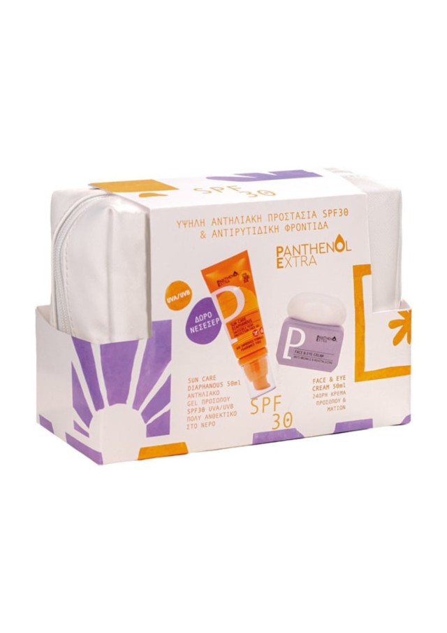 Panthenol Extra Αντηλιακή & Αντιρυτιδική Φροντίδα με Sun Care Diaphanous Αντηλιακό Gel Προσώπου SPF30, 50ml & Face & Eye Cream 24h Κρέμα Προσώπου & Ματιών, 50ml & Δώρο Νεσεσέρ, 1σετ