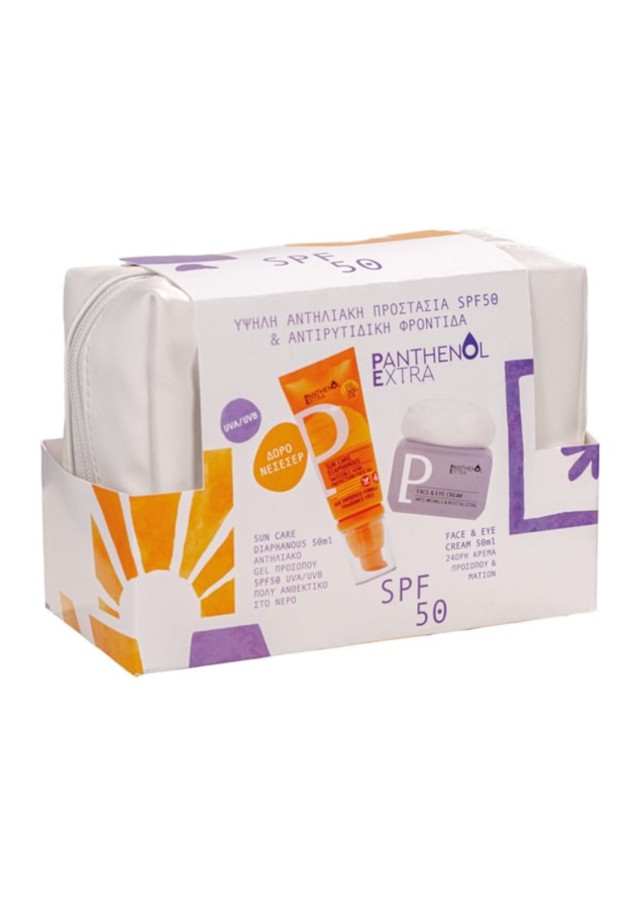Panthenol Extra Promo Glass Skin Routine Aντιηλιακό Gel Προσώπου SPF50, 50ml, 24ωρη Κρέμα Προσώπου & Ματιών, 50ml & Δώρο Νεσεσέρ, 1τεμ, 1σετ