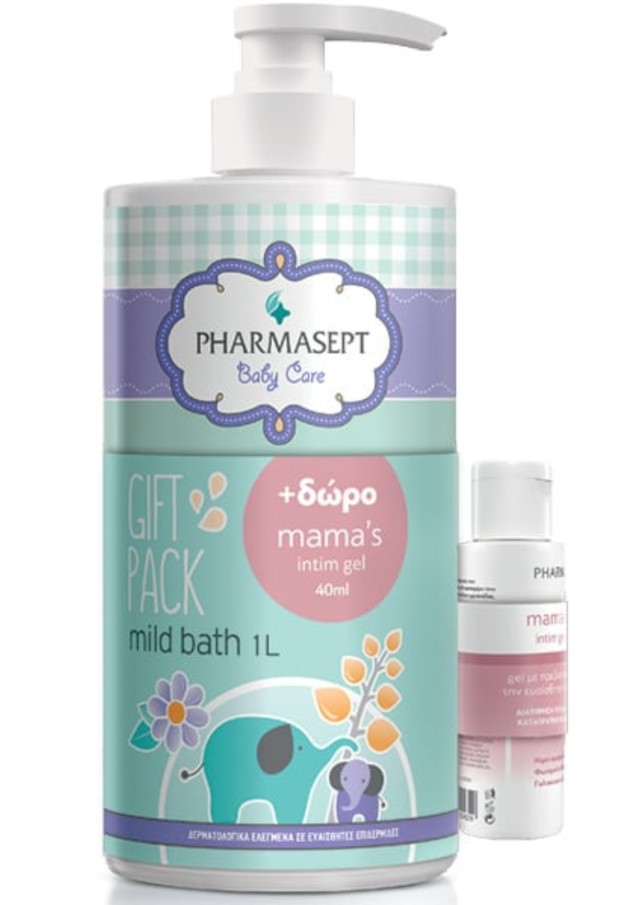 Pharmasept Πακέτο Προσφοράς με Baby Care Mild Bath Απαλό Βρεφικό Αφρόλουτρο, 1lt & Δώρο Mamas Intim Gel Τζελ Καθαρισμού για την Ευαίσθητη Περιοχή, 40ml, 1σετ