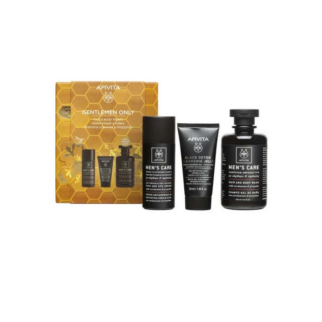 Apivita Gentlemen Only Promo Mens Care Face & Eye Cream Κρέμα για Πρόσωπο & Μάτια, 50ml, Mens Care Black Detox Cleansing Jelly Gel Καθαρισμού για Πρόσωπο & Μάτια, 50ml & Δώρο Mens Care Hair & Body Wash Σαμπουάν - Αφρόλουτρο, 250ml, 1σετKRE