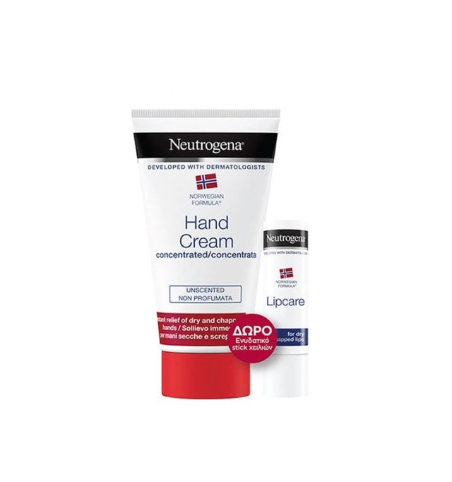 Neutrogena Hand Cream, Υπερ-ενυδατική κρέμα χεριών χωρίς άρωμα 75ml+ Ενυδατικό balm χειλιών