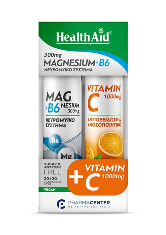 Health Aid Promo Pack Magnesium + B6, 20tabs & Vitamin C 1000mg, 20tabs, 1σετ