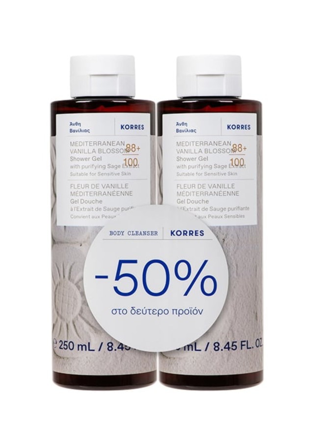 Korres Promo (-50% στο 2ο προϊόν) Αφρόλουτρο Mediterranean Vanilla Blossom, 2x250ml, 1σετ