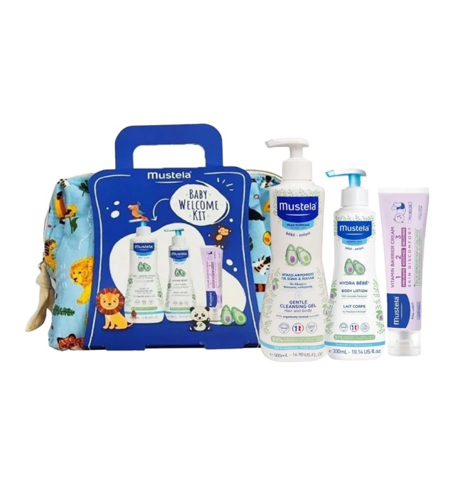 Mustela Promo Baby Welcome Kit Gentle Cleansing Gel for Hair, Body 500ml & Hydra Bebe Lait Corps Body Lotion 300ml & Barrier Cream 123 Vitamin 50ml & Δώρο Τσαντάκι