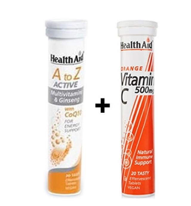 HealthAid Α ΤΟ Ζ ΑCTIVE Multivitamis+Q10 -Tutti Frutti 20 tabs+ Vitamin C 500mg Πορτοκάλι 20 tabs