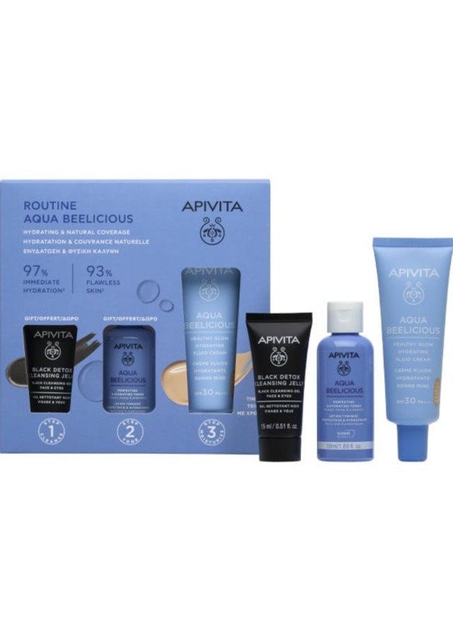 Apivita Promo Αqua Beelicious Ενυδάτωση & Φυσική Κάλυψη με Αqua Beelicious Ενυδατική Κρέμα με Χρώμα Ελαφριάς Υφής SPF 30 & Δώρο Αqua Beelicious Ενυδατικό Τόνερ, 50ml & Black Dettox Gel Καθαρισμού, 15ml, 1σετ