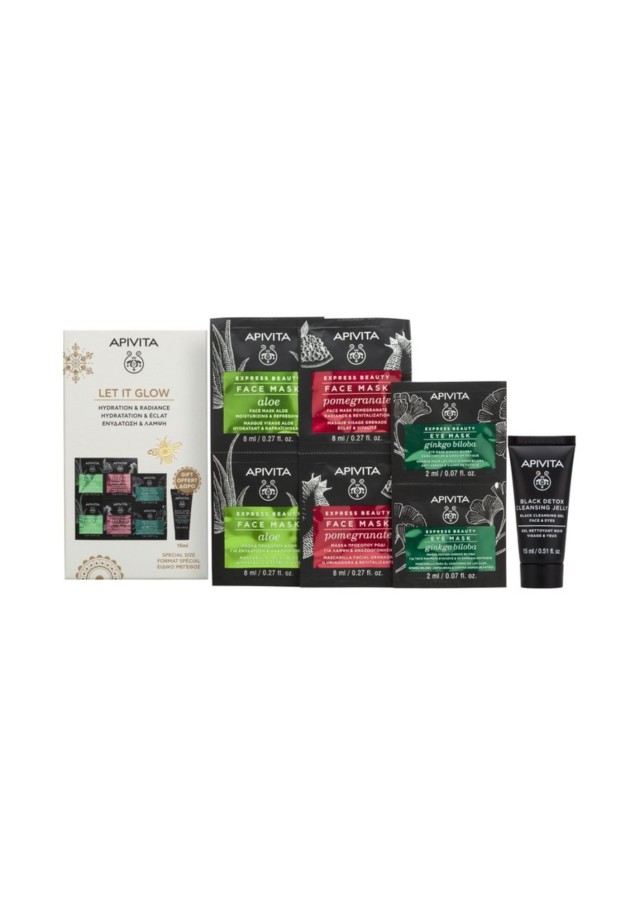 Apivita Promo Let it Glow για Ενυδάτωση & Λάμψη Express Beauty Μάσκα Προσώπου Αλόη, 2x8ml, Μάσκα Προσώπου Ρόδι, 2x8ml, Μάσκα Ματιών Ginkgo Biloba, 2x2ml & Δώρο Μαύρο Gel Καθαρισμού, 15ml, 1σετ