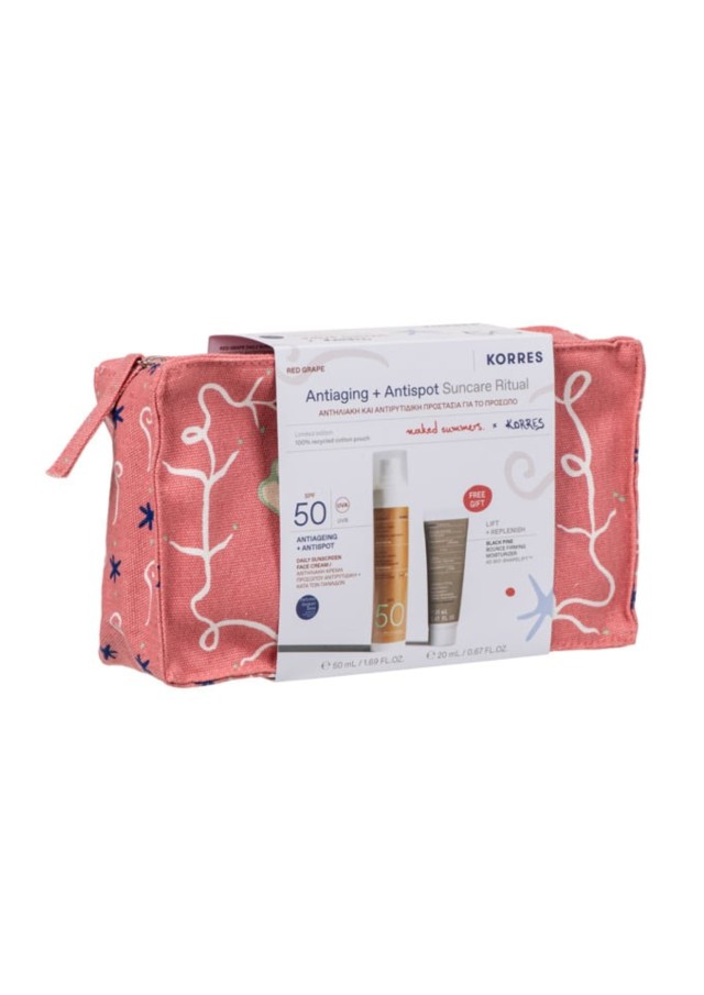 Korres Promo Antiaging & Antispot Suncare Ritual Αντηλιακή & Αντιρυτιδική Προστασία με Red Grape Αντηλιακή Κρέμα Προσώπου SPF50, 50ml, Black Pine Κρέμα Ημέρας για Σύσφιξη & Lifting, 20ml & Δώρο Naked Summers x Korres Νεσεσέρ, 1τεμ, 1σετ
