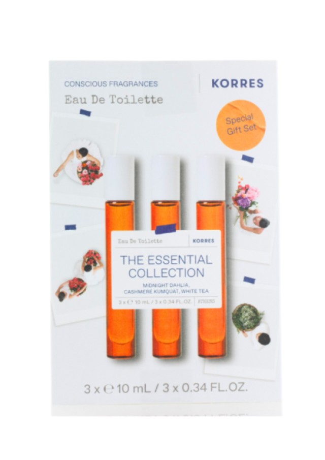 Korres The Essential Collection Gift Set με Midnight Dahlia Eau De Toilette, 10ml, Cashmere Kumquat Eau De Toilette, 10ml & White Tea Eau De Toilette, 10ml, 1σετ