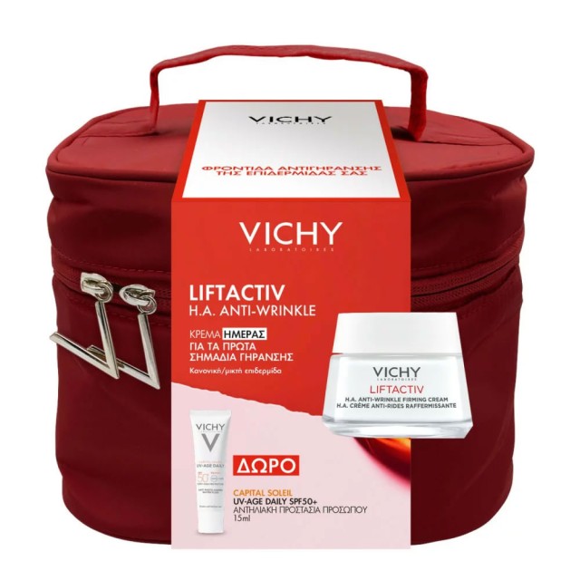 Vichy Set Liftactiv H.A. Anti-Wrinkle Firming Cream Κρέμα Ημέρας για Κανονική - Μεικτή Επιδερμίδα 50ml + Δώρο Capital Soleil UV-AGE Daily SPF50+ 15ml + Νεσεσέρ Κόκκινο 1τμχ